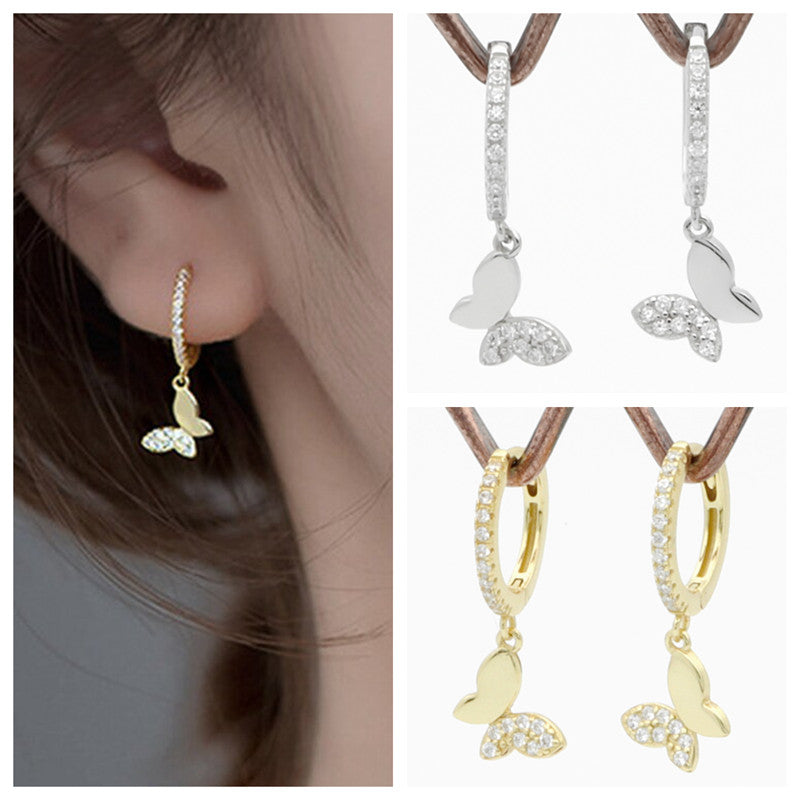 Butterfly Charm Huggie Hoop Earrings - Silver-Cubic Zirconia, earrings, Hoop Earrings, Jewellery, Women's Earrings, Women's Jewellery-sse0430-m-Glitters
