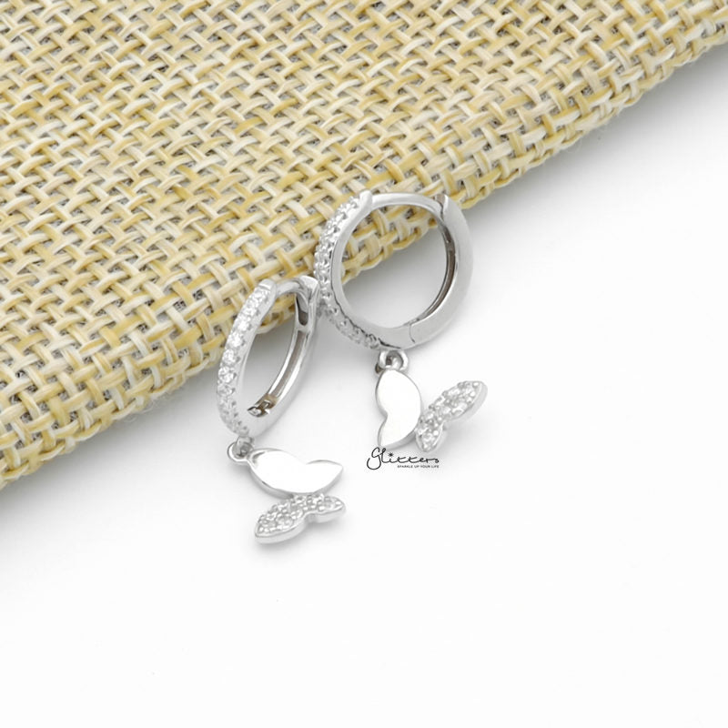 Butterfly Charm Huggie Hoop Earrings - Silver-Cubic Zirconia, earrings, Hoop Earrings, Jewellery, Women's Earrings, Women's Jewellery-sse0430-s2_1-Glitters