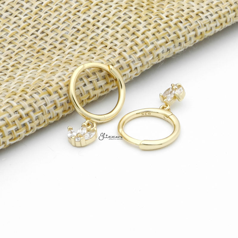 Three Marquise CZ Charm Huggie Hoop Earrings - Gold-Cubic Zirconia, earrings, Hoop Earrings, Jewellery, Women's Earrings, Women's Jewellery-sse0431-g2_1-Glitters