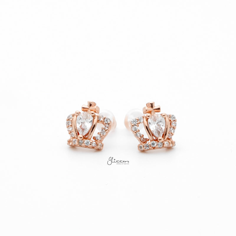 Sterling Silver Crown Stud Earrings - Rose Gold-Cubic Zirconia, earrings, Jewellery, Stud Earrings, Women's Earrings, Women's Jewellery-sse0433-rg1_800-Glitters