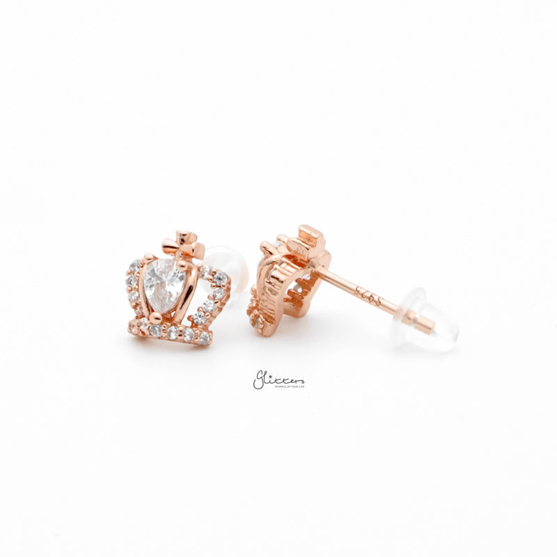 Sterling Silver Crown Stud Earrings - Rose Gold-Cubic Zirconia, earrings, Jewellery, Stud Earrings, Women's Earrings, Women's Jewellery-sse0433-rg2_800-Glitters