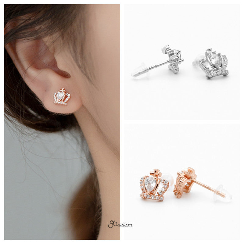 Sterling Silver Crown Stud Earrings - Rose Gold-Cubic Zirconia, earrings, Jewellery, Stud Earrings, Women's Earrings, Women's Jewellery-sse0433-rg3-Glitters