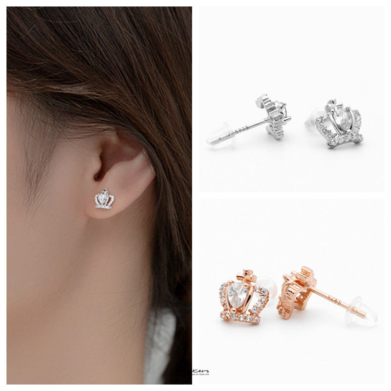Sterling Silver Crown Stud Earrings - Silver-Cubic Zirconia, earrings, Jewellery, Stud Earrings, Women's Earrings, Women's Jewellery-sse0433-s3-Glitters