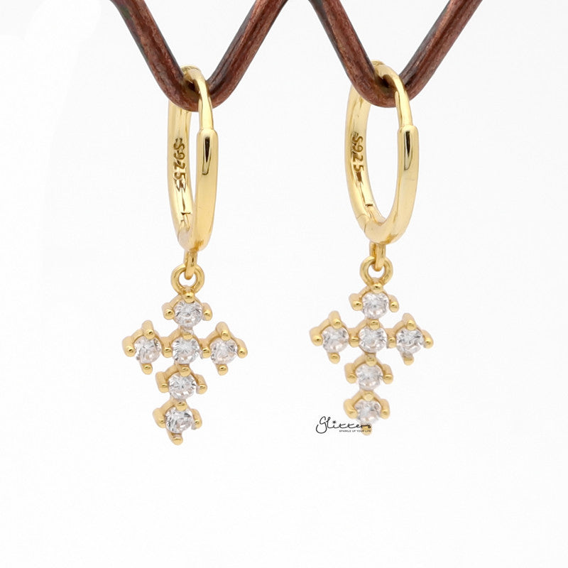 CZ Cross Charm Huggie Hoop Earrings - Gold-Cubic Zirconia, earrings, Hoop Earrings, Jewellery, Women's Earrings, Women's Jewellery-sse0436-G2_800-Glitters