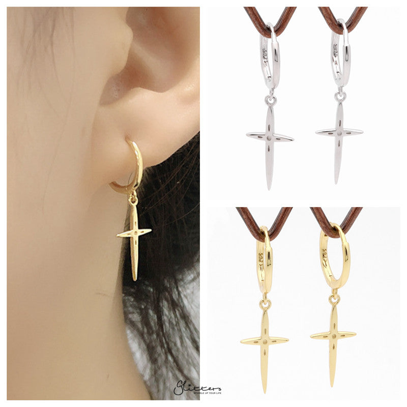 Sterling Silver Cross Charm Huggie Hoop Earrings - Gold-earrings, Hoop Earrings, Jewellery, Women's Earrings, Women's Jewellery-sse0437-M_014624f0-3751-49cb-a2bb-2f90d2f83a44-Glitters