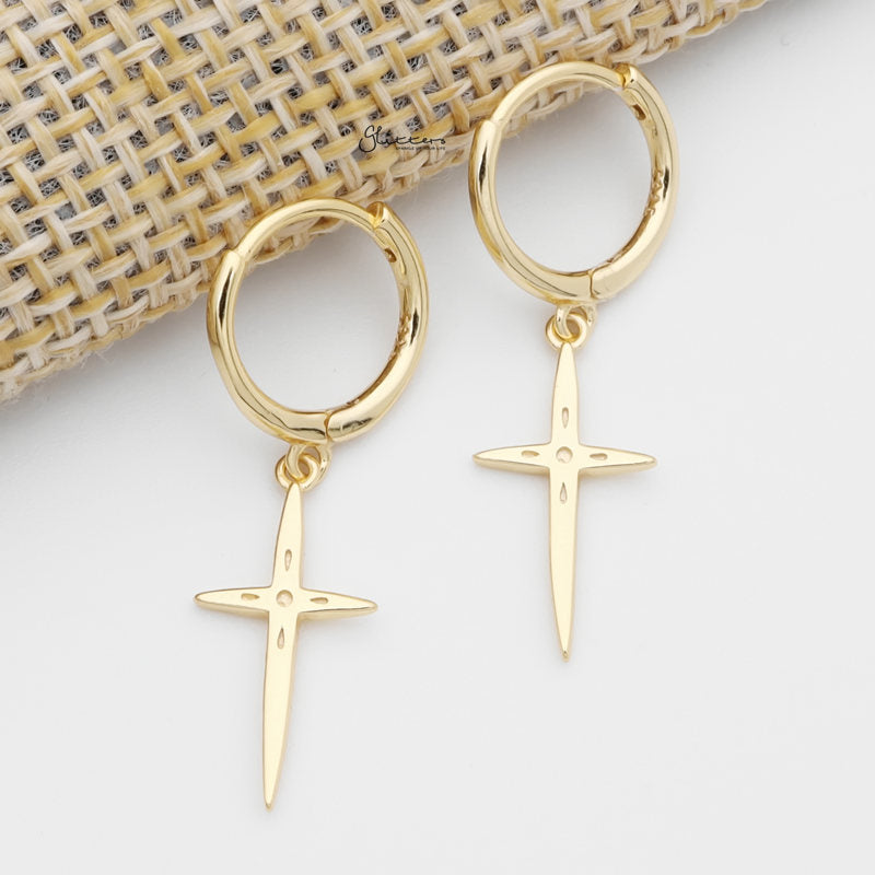 Sterling Silver Cross Charm Huggie Hoop Earrings - Gold-earrings, Hoop Earrings, Jewellery, Women's Earrings, Women's Jewellery-sse0437-g1_800-Glitters