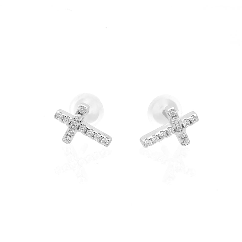 C.Z Paved Cross Sterling Silver Stud Earrings-Cubic Zirconia, earrings, Jewellery, Stud Earrings, Women's Earrings, Women's Jewellery-sse0438_1-Glitters