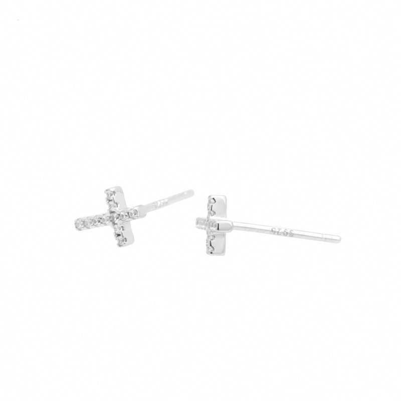 C.Z Paved Cross Sterling Silver Stud Earrings-Cubic Zirconia, earrings, Jewellery, Stud Earrings, Women's Earrings, Women's Jewellery-sse0438_3-Glitters