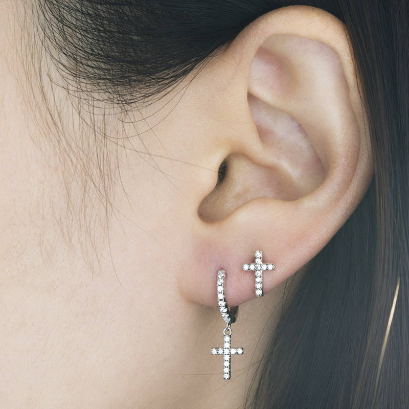 C.Z Paved Cross Sterling Silver Stud Earrings-Cubic Zirconia, earrings, Jewellery, Stud Earrings, Women's Earrings, Women's Jewellery-sse0438_5-Glitters