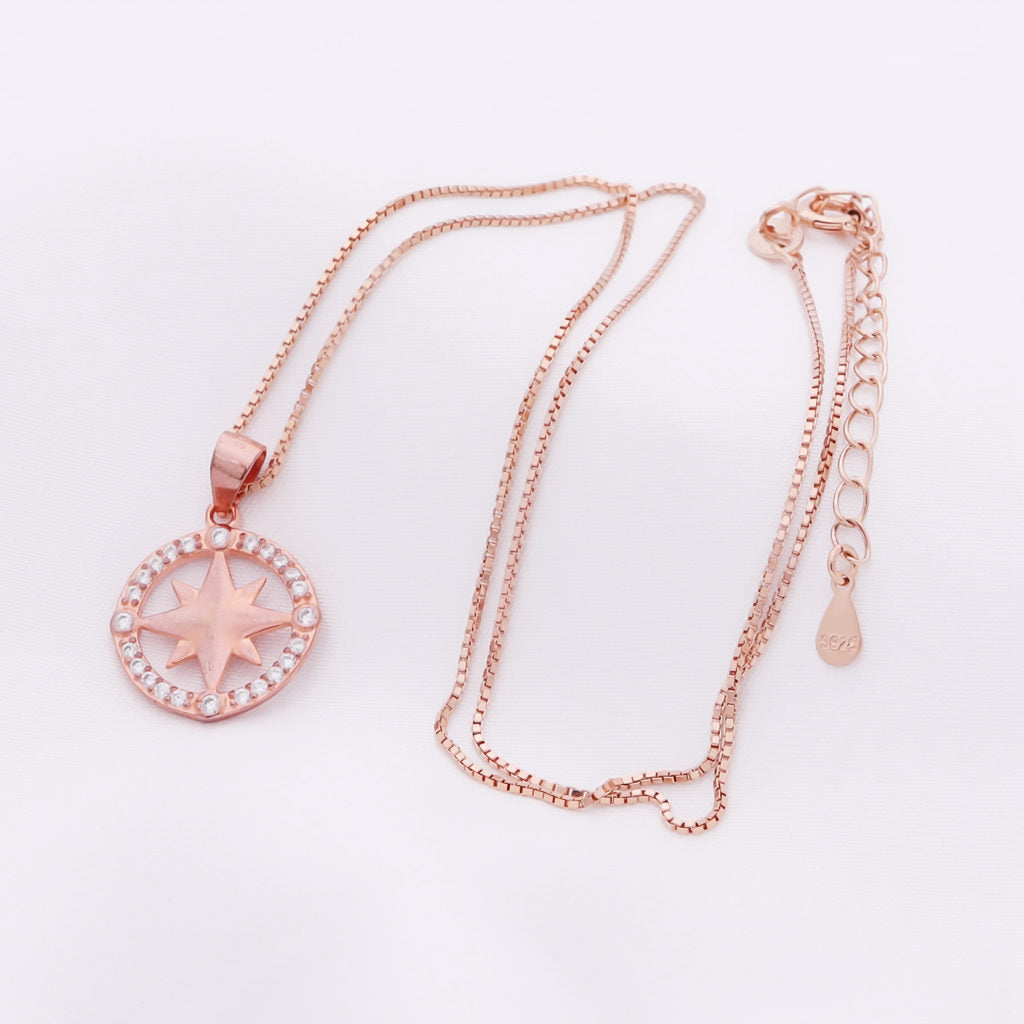 Octagonal Star Sterling Silver Necklace - Rose Gold-Cubic Zirconia, Jewellery, Necklaces, New, Sterling Silver Necklaces, Women's Jewellery, Women's Necklace-ssp0028-1_1-Glitters