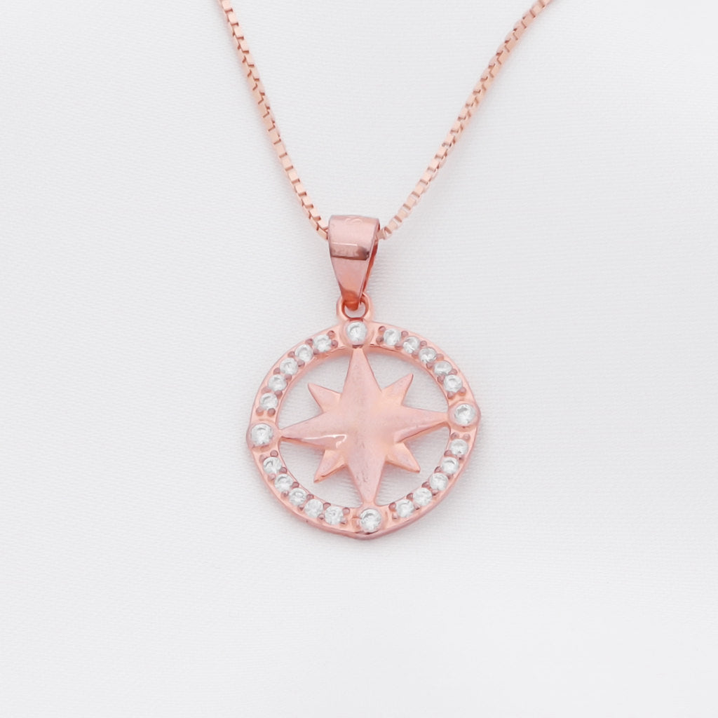 Octagonal Star Sterling Silver Necklace - Rose Gold-Cubic Zirconia, Jewellery, Necklaces, New, Sterling Silver Necklaces, Women's Jewellery, Women's Necklace-ssp0028-2_1-Glitters