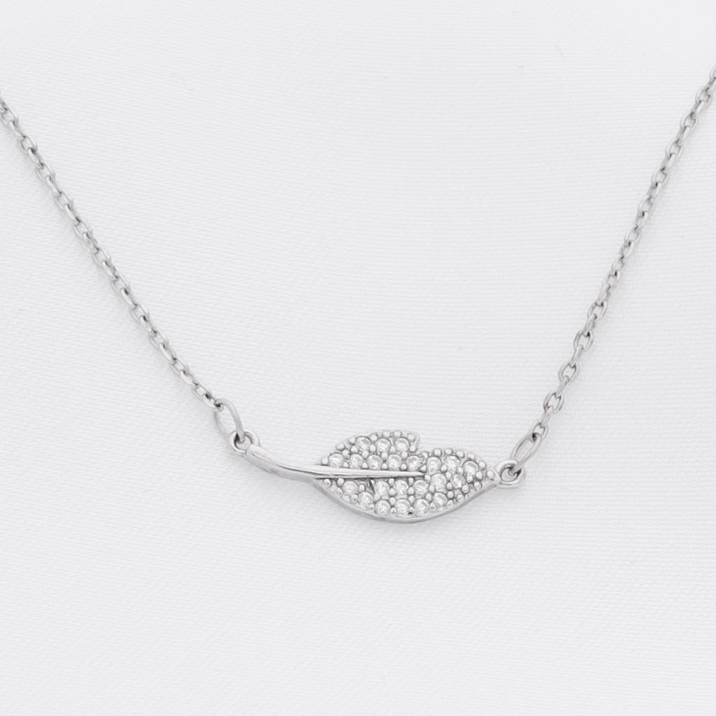 CZ Paved Leaf Sterling Silver Necklace-Cubic Zirconia, Jewellery, Necklaces, New, Sterling Silver Necklaces, Women's Jewellery, Women's Necklace-ssp0121-1_1-Glitters