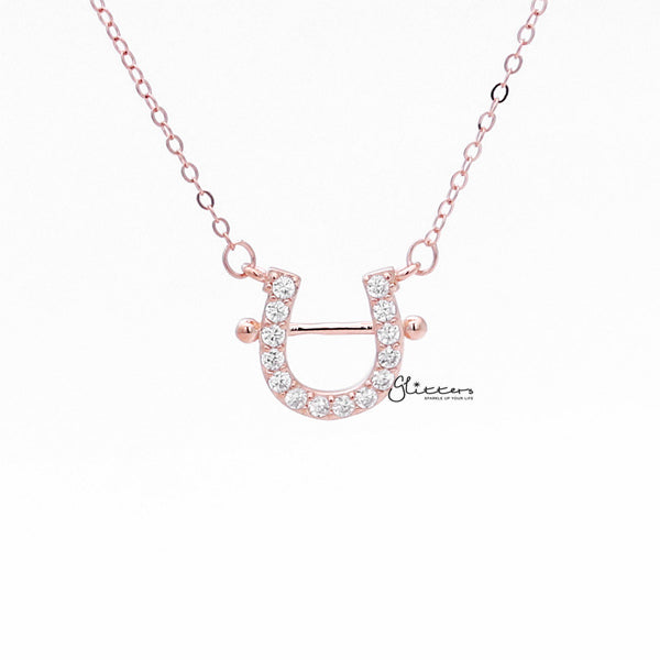 925 Sterling Silver C.Z Paved Horseshoe Necklace - Rose Gold-Cubic Zirconia, Jewellery, Necklaces, Sterling Silver Necklaces, Women's Jewellery, Women's Necklace-ssp0166-rg1-Glitters