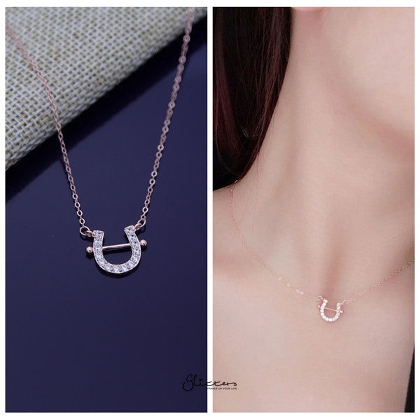 925 Sterling Silver C.Z Paved Horseshoe Necklace - Rose Gold-Cubic Zirconia, Jewellery, Necklaces, Sterling Silver Necklaces, Women's Jewellery, Women's Necklace-ssp0166-rg2-Glitters