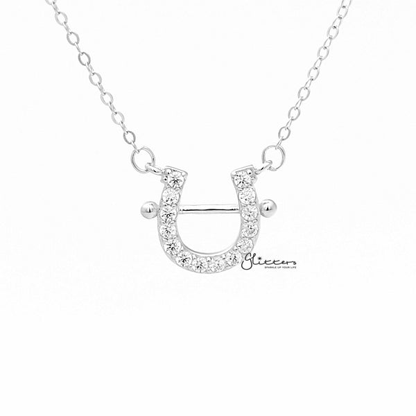 925 Sterling Silver C.Z Paved Horseshoe Necklace - Silver-Cubic Zirconia, Jewellery, Necklaces, Sterling Silver Necklaces, Women's Jewellery, Women's Necklace-ssp0166-s1-Glitters