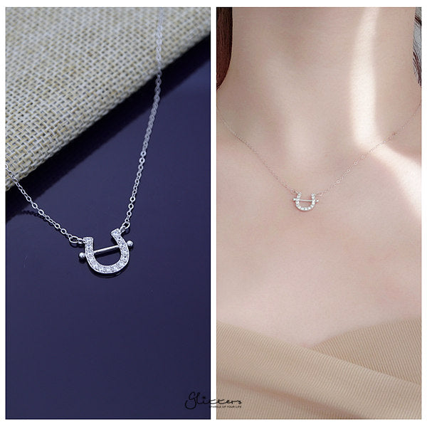 925 Sterling Silver C.Z Paved Horseshoe Necklace - Silver-Cubic Zirconia, Jewellery, Necklaces, Sterling Silver Necklaces, Women's Jewellery, Women's Necklace-ssp0166-s2-Glitters