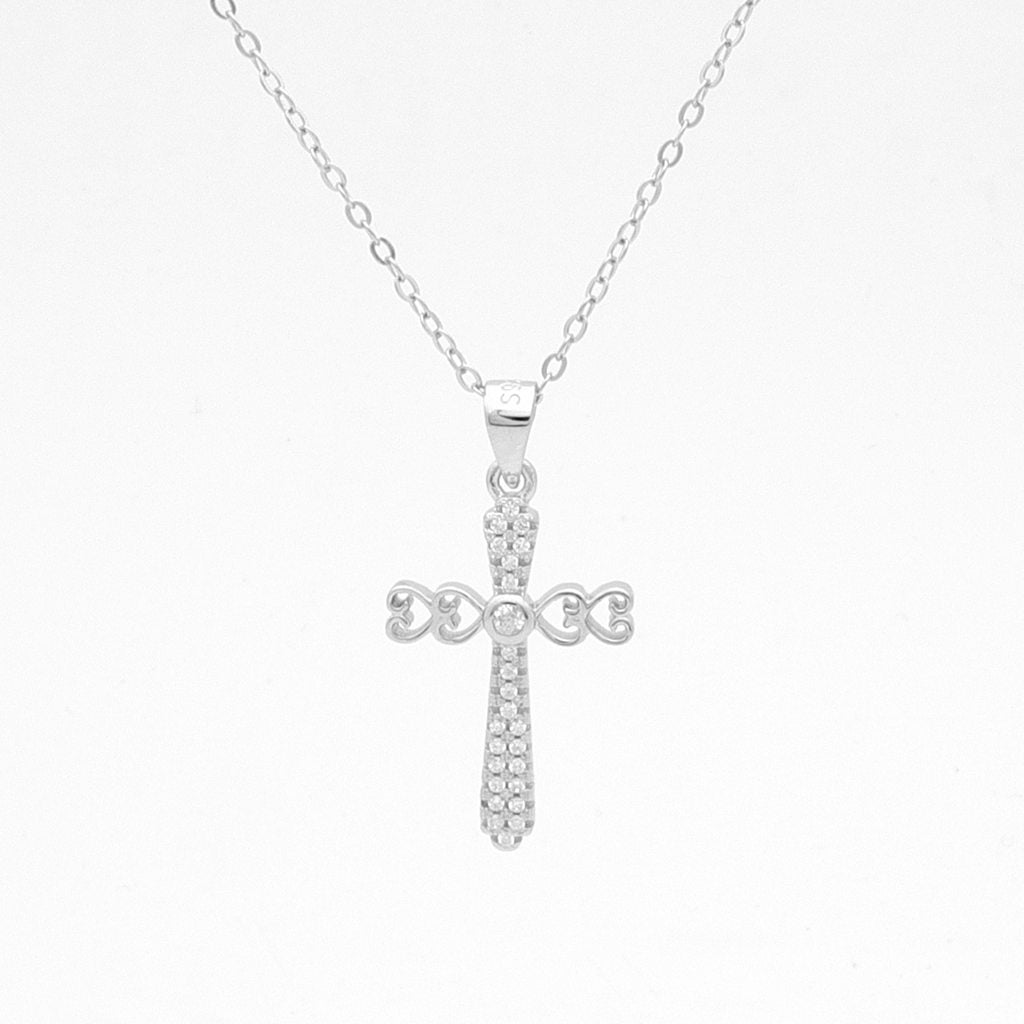 Sterling Silver Cross Necklace-Cubic Zirconia, Jewellery, Necklaces, New, Sterling Silver Necklaces, Women's Jewellery, Women's Necklace-ssp0179-1_1-Glitters