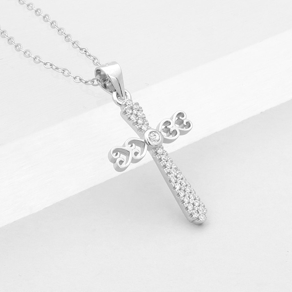 Sterling Silver Cross Necklace-Cubic Zirconia, Jewellery, Necklaces, New, Sterling Silver Necklaces, Women's Jewellery, Women's Necklace-ssp0179-3_1-Glitters