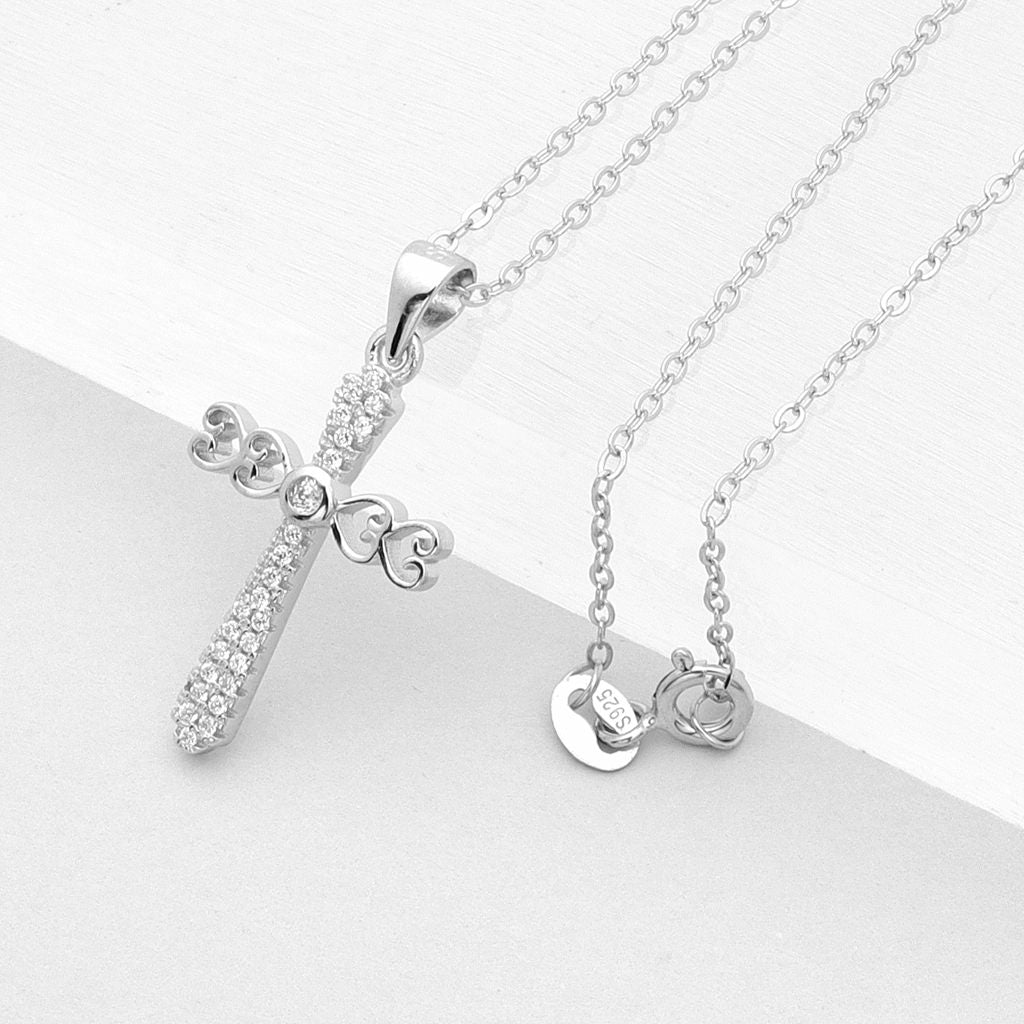 Sterling Silver Cross Necklace-Cubic Zirconia, Jewellery, Necklaces, New, Sterling Silver Necklaces, Women's Jewellery, Women's Necklace-ssp0179-5_1-Glitters