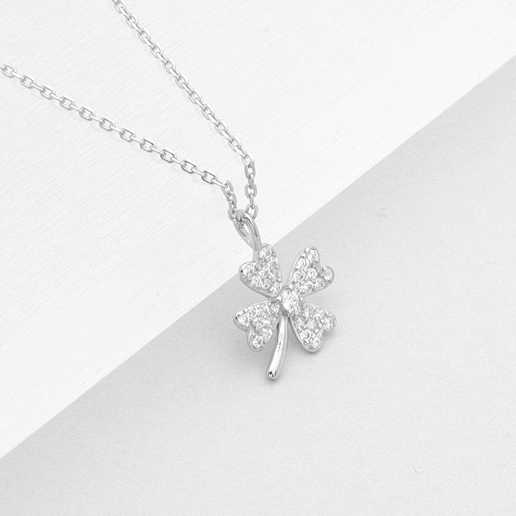 Sterling Silver Four-Leaf Clover Necklace-Cubic Zirconia, Jewellery, Necklaces, New, Sterling Silver Necklaces, Women's Jewellery, Women's Necklace-ssp0182-s2_1-Glitters