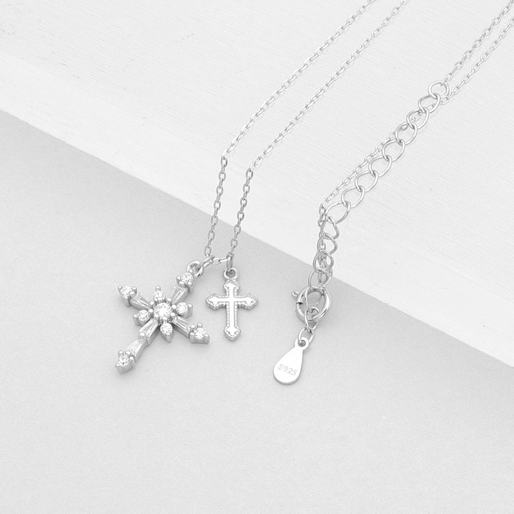 Sterling Silver CZ Cross Necklace-Cubic Zirconia, Jewellery, Necklaces, New, Sterling Silver Necklaces, Women's Jewellery, Women's Necklace-ssp0188-4_1-Glitters