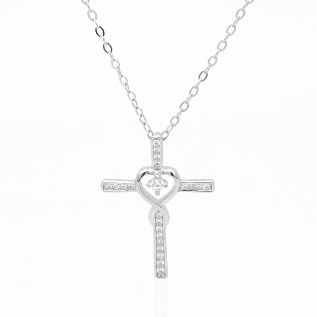 CZ Paved Cross with Heart Sterling Silver Necklace-Cubic Zirconia, Jewellery, Necklaces, New, Sterling Silver Necklaces, Women's Jewellery, Women's Necklace-ssp0193-1_1-Glitters