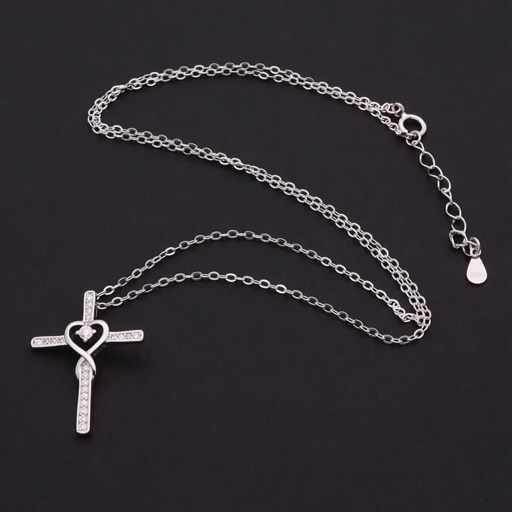 CZ Paved Cross with Heart Sterling Silver Necklace-Cubic Zirconia, Jewellery, Necklaces, New, Sterling Silver Necklaces, Women's Jewellery, Women's Necklace-ssp0193-2_1-Glitters