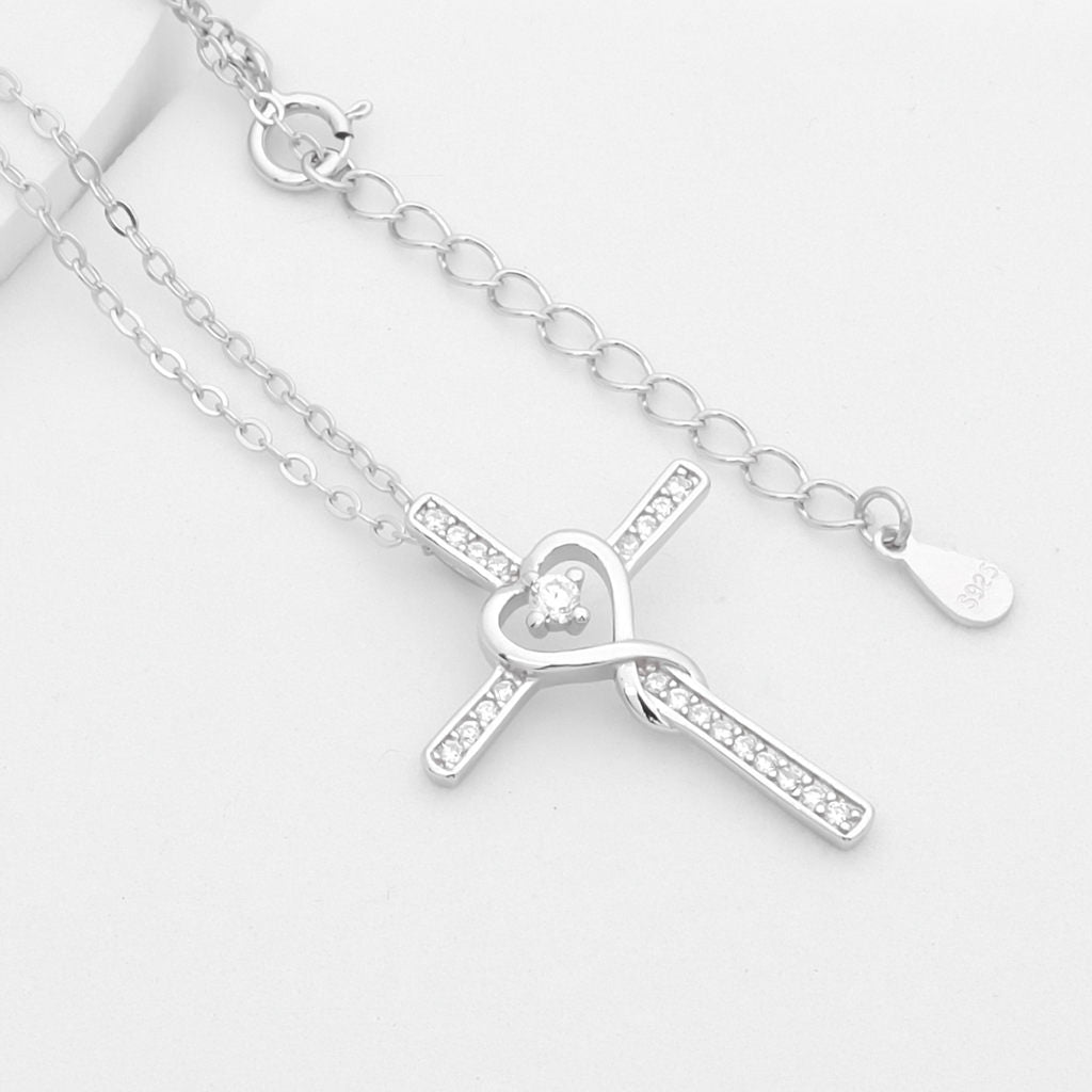 CZ Paved Cross with Heart Sterling Silver Necklace-Cubic Zirconia, Jewellery, Necklaces, New, Sterling Silver Necklaces, Women's Jewellery, Women's Necklace-ssp0193-4_1-Glitters