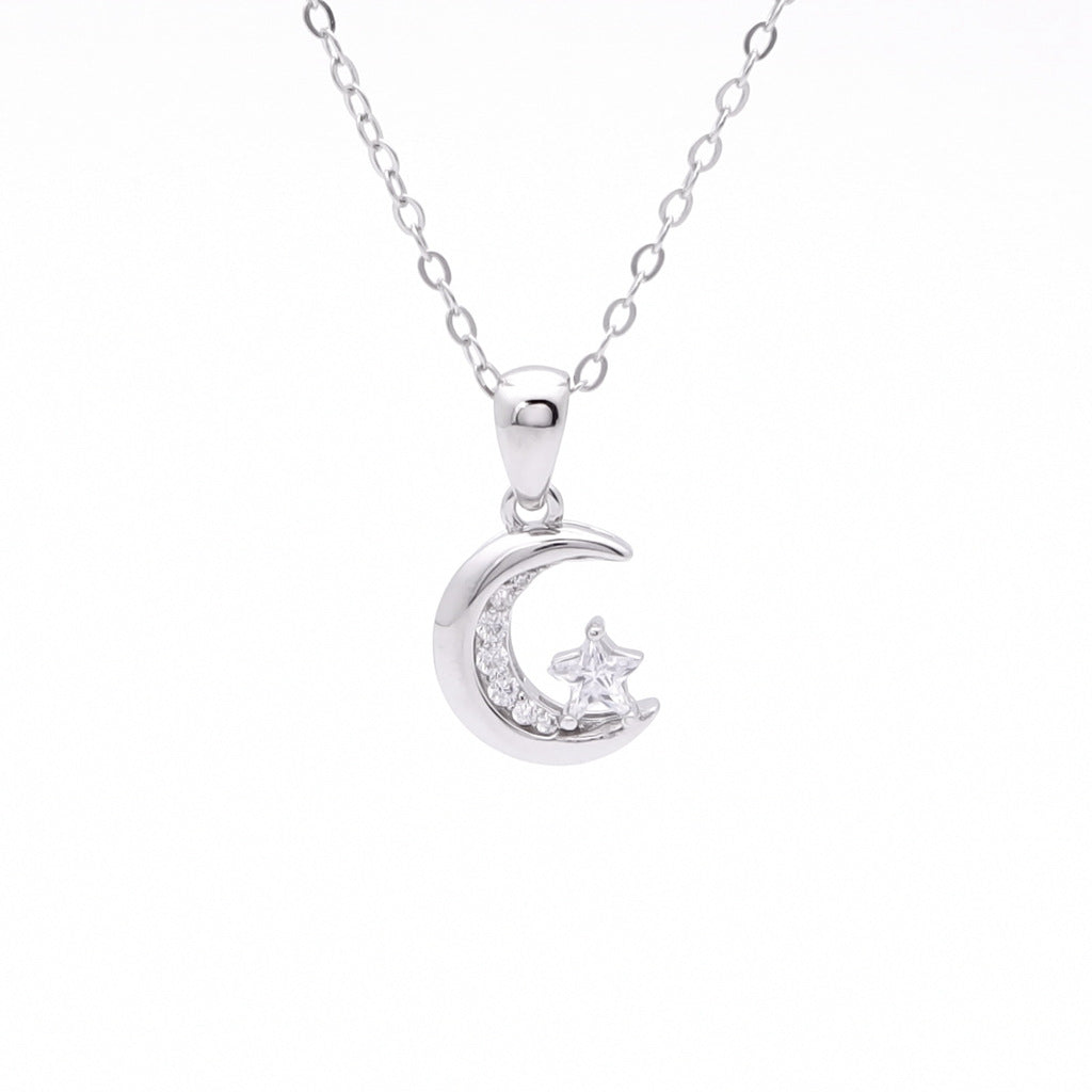 Moon and CZ Star Sterling Silver Necklace-Cubic Zirconia, Jewellery, Necklaces, New, Sterling Silver Necklaces, Women's Jewellery, Women's Necklace-ssp0194-1_1-Glitters