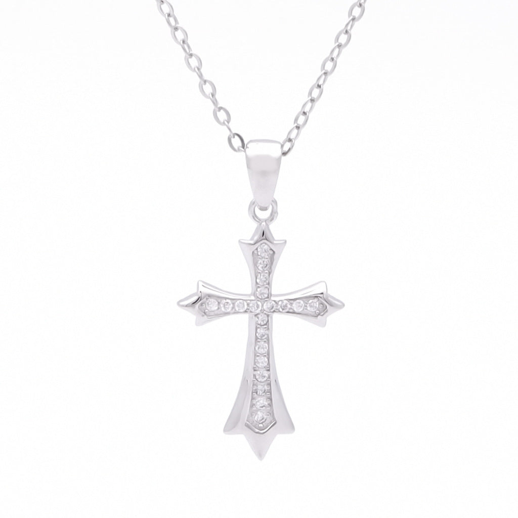 CZ Paved Cross Sterling Silver Necklace-Cubic Zirconia, Jewellery, Necklaces, New, Sterling Silver Necklaces, Women's Jewellery, Women's Necklace-ssp0195-1_1-Glitters