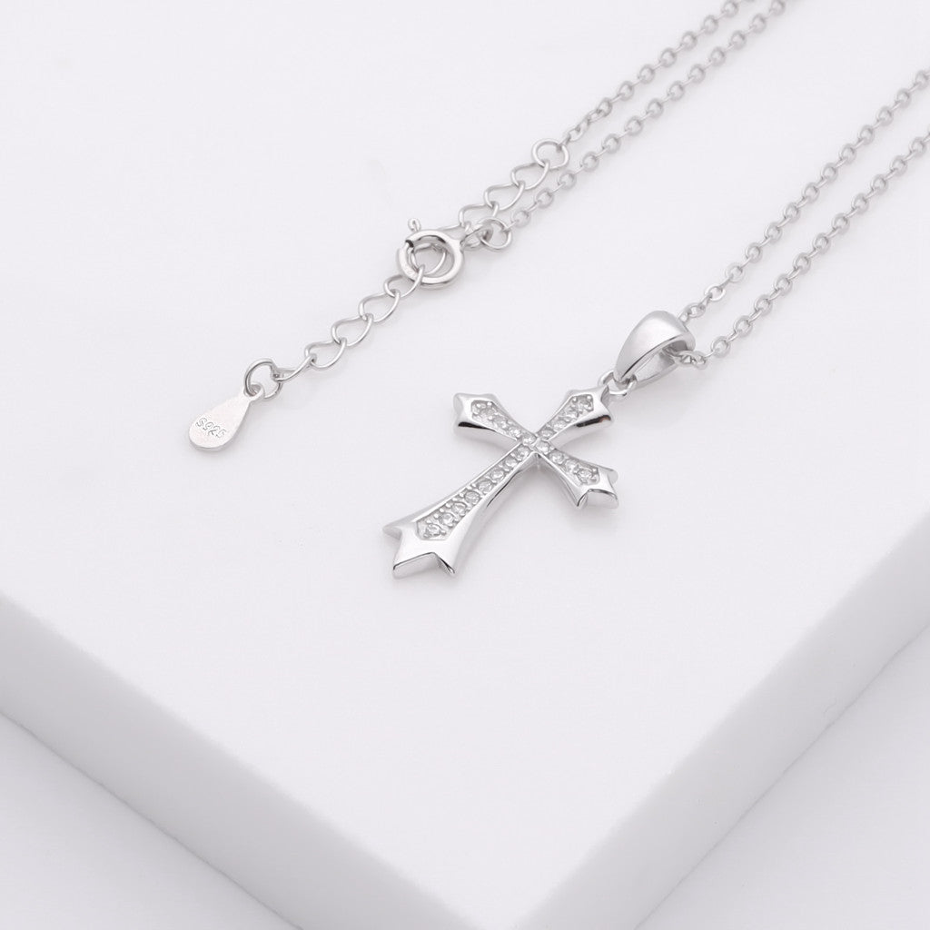 CZ Paved Cross Sterling Silver Necklace-Cubic Zirconia, Jewellery, Necklaces, New, Sterling Silver Necklaces, Women's Jewellery, Women's Necklace-ssp0195-2_1-Glitters
