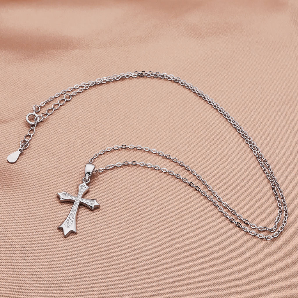 CZ Paved Cross Sterling Silver Necklace-Cubic Zirconia, Jewellery, Necklaces, New, Sterling Silver Necklaces, Women's Jewellery, Women's Necklace-ssp0195-4_1-Glitters