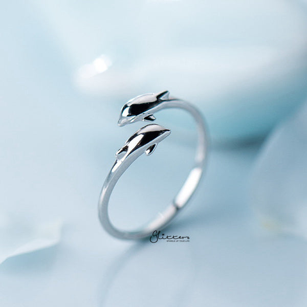 Sterling Silver Double Dolphins Opening Adjustable Ring-Jewellery, Rings, Sterling Silver Rings, Women's Jewellery, Women's Rings-ssr0041-02-Glitters