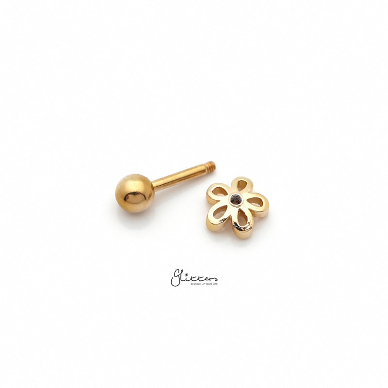 Flower with C.Z Center Cartilage Tragus Barbell - Gold-Body Piercing Jewellery, Cartilage, Cubic Zirconia, Flat back, Jewellery, Tragus, Women's Earrings, Women's Jewellery-tg0065-g-5_800-Glitters