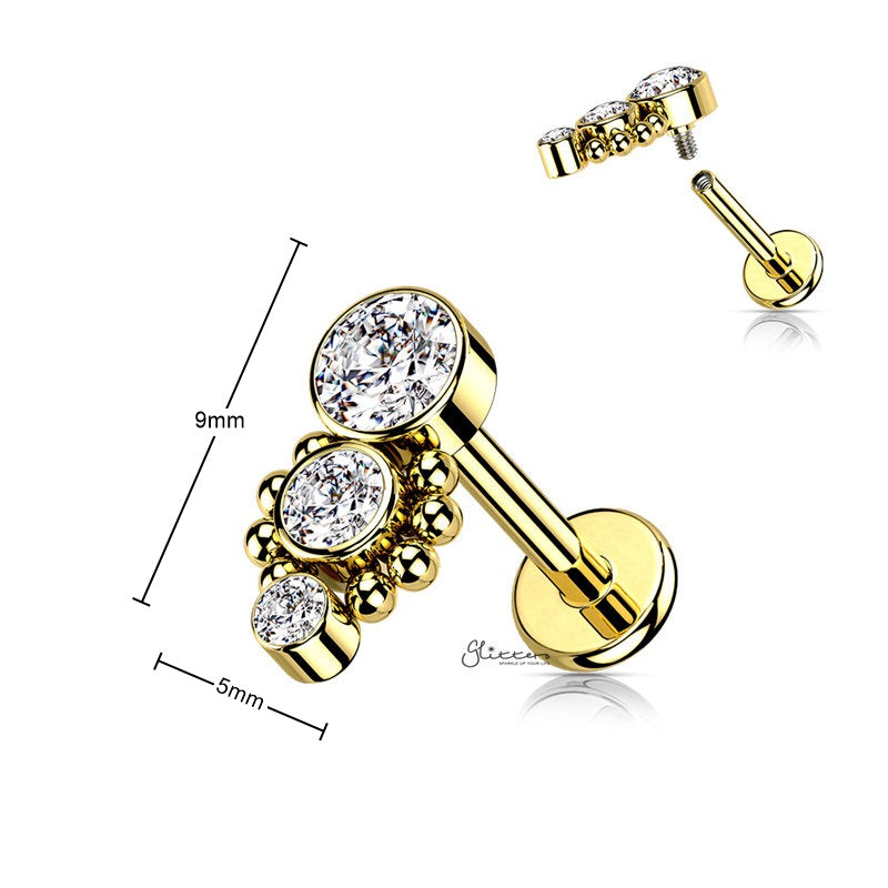 Triple CZ Top Flat Back Stud - Gold-Body Piercing Jewellery, Cartilage, Cubic Zirconia, Jewellery, Labret, Tragus, Women's Earrings, Women's Jewellery-tg0141-g_New-Glitters
