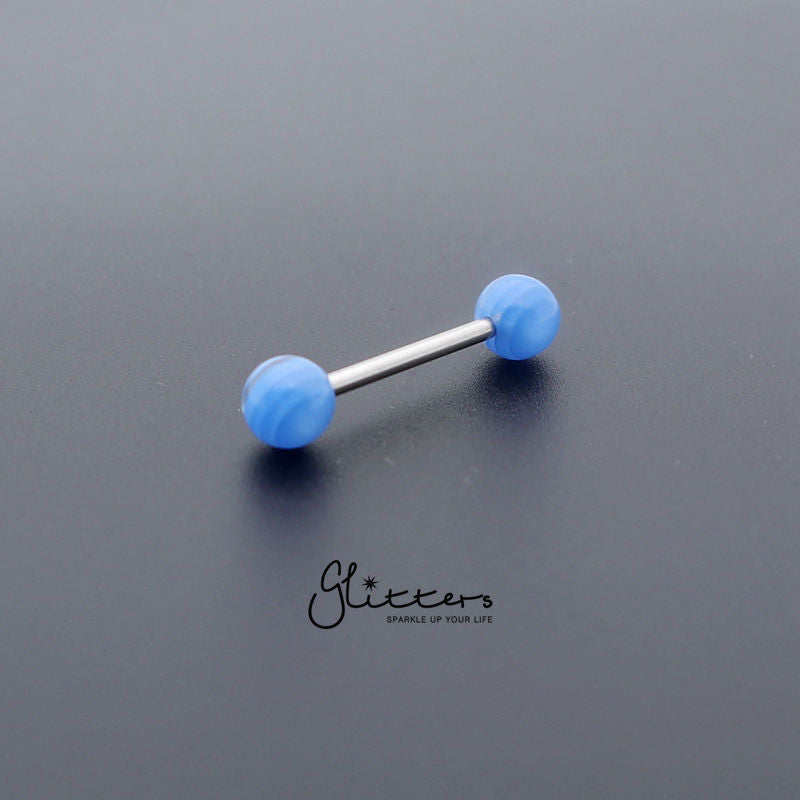 Blue Stripe Acrylic Ball with Surgical Steel Tongue Bar-Body Piercing Jewellery, Tongue Bar-tr0001-Stripe_1-Glitters