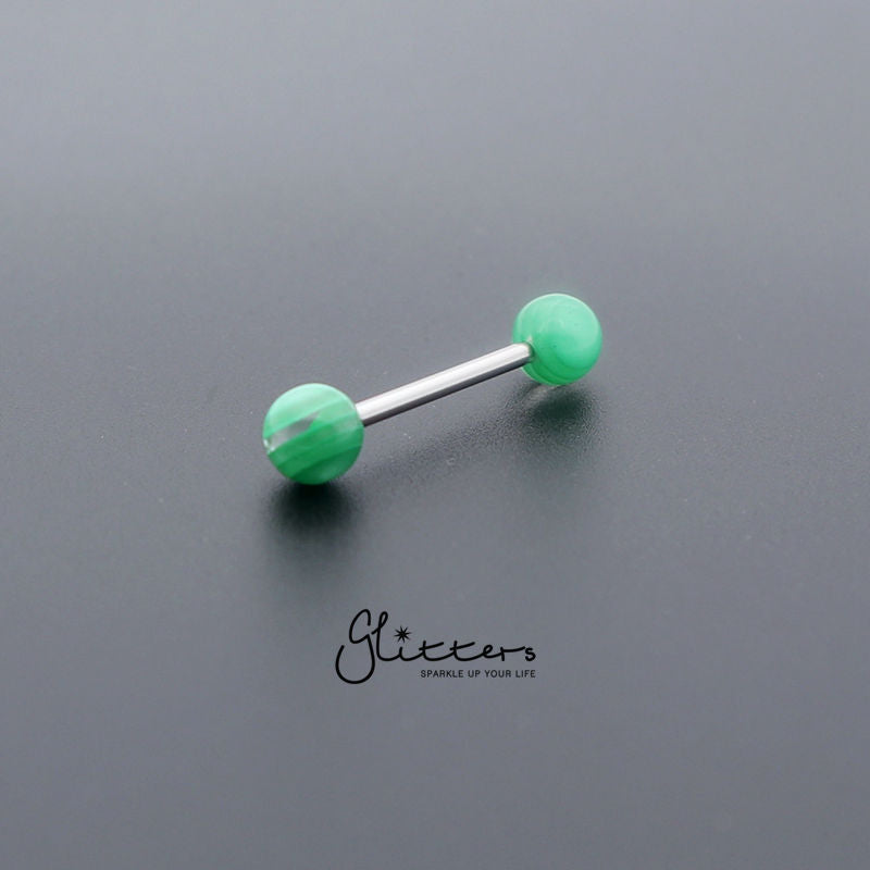 Green Stripe Acrylic Ball with Surgical Steel Tongue Bar-Body Piercing Jewellery, Tongue Bar-tr0001-Stripe_2-Glitters