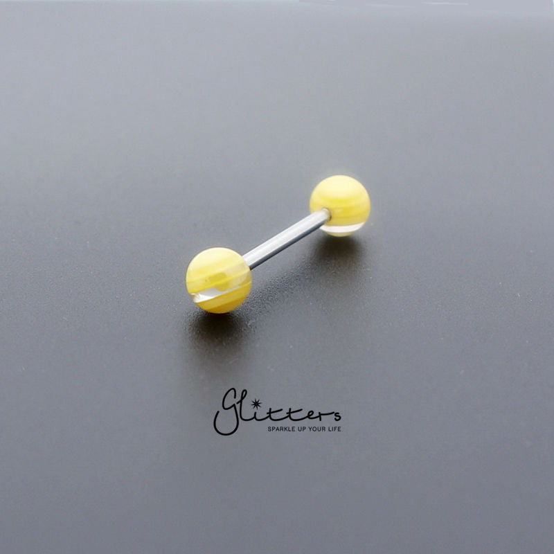 Yellow Stripe Acrylic Ball with Surgical Steel Tongue Bar-Body Piercing Jewellery, Tongue Bar-tr0001-Stripe_4-Glitters
