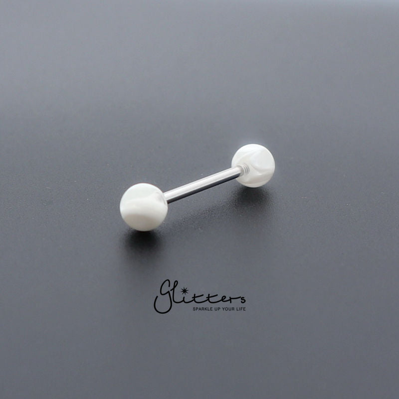 White Marble Acrylic Ball with Surgical Steel Tongue Barbell-Body Piercing Jewellery, Tongue Bar-tr0001-_marble_1-Glitters