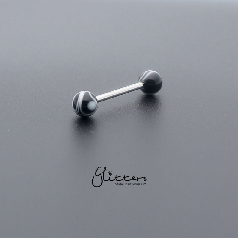 Black Marble Acrylic Ball with Surgical Steel Tongue Barbell-Body Piercing Jewellery, Tongue Bar-tr0001-_marble_6-Glitters