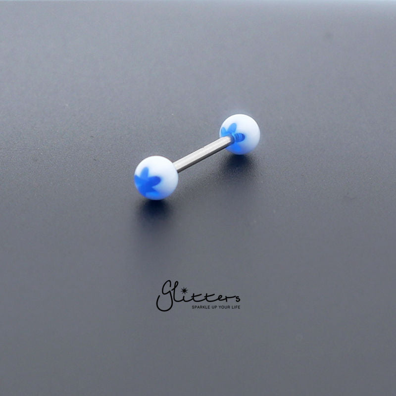 Blue Flower Acrylic Ball with Surgical Steel Tongue Bar-Body Piercing Jewellery, Tongue Bar-tr0001_flower_4-Glitters