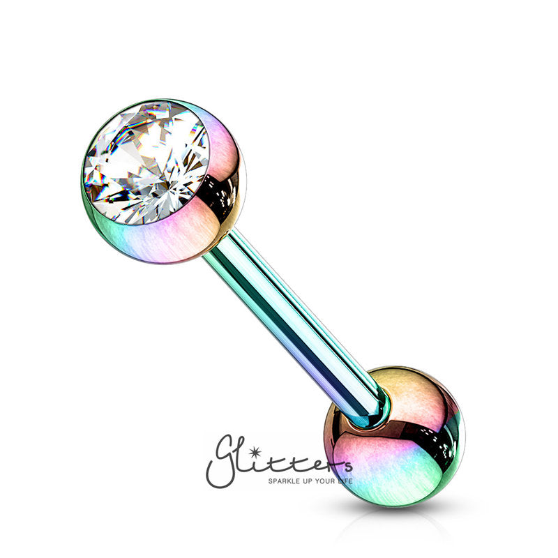 Rainbow Titanium I.P Surgical Steel Tongue Barbells with Press Fit Gem Top Ball-Clear-Body Piercing Jewellery, Crystal, Tongue Bar-tr0003-1-Glitters