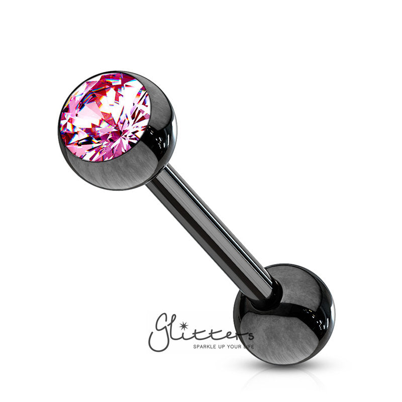 Black Titanium I.P Surgical Steel Tongue Barbells with Press Fit Gem Top Ball-Pink-Body Piercing Jewellery, Crystal, Tongue Bar-tr0003-5-Glitters