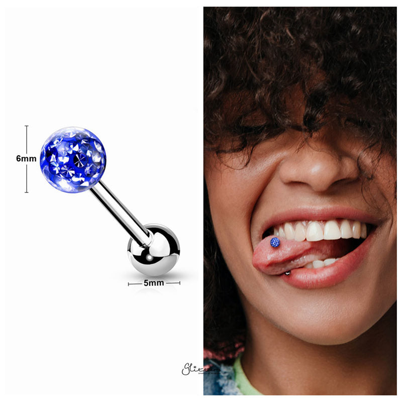 Epoxy Covered Crystal Paved Ferido Balls Tongue Barbell - Blue-Body Piercing Jewellery, Tongue Bar-1-Glitters