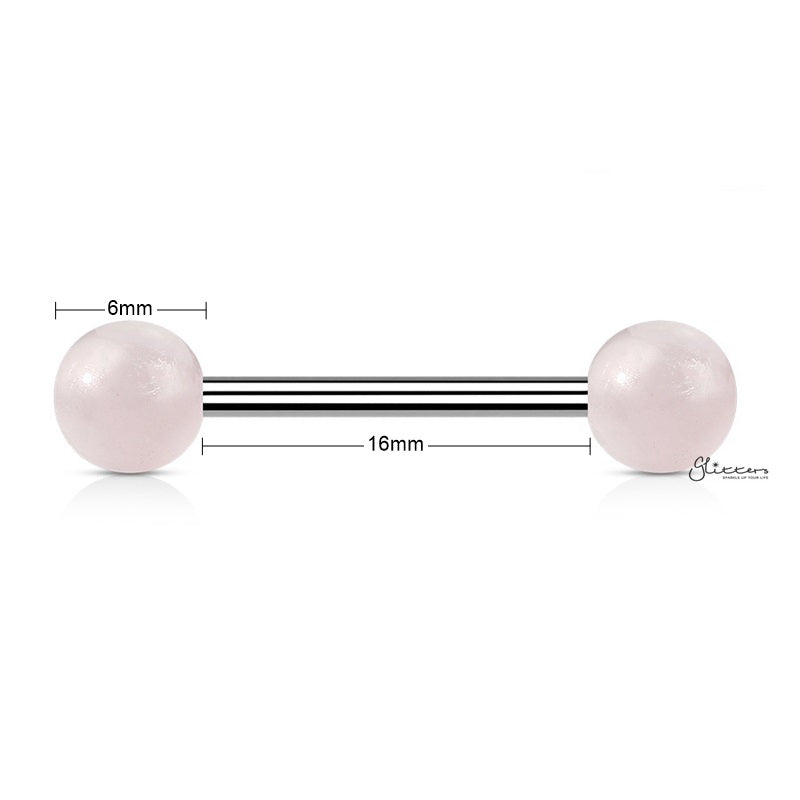 Rose Quartz Stone Balls Straight Barbell - Tongue | Nipple-Body Piercing Jewellery, Nipple Barbell, Tongue Bar-1-Glitters