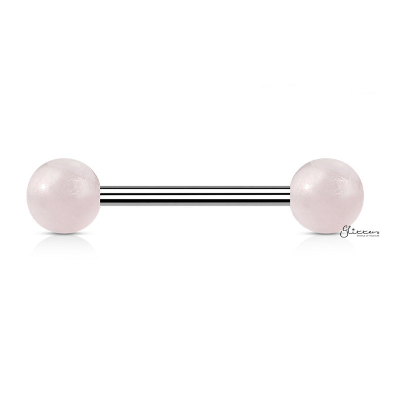 Rose Quartz Stone Balls Straight Barbell - Tongue | Nipple-Body Piercing Jewellery, Nipple Barbell, Tongue Bar-tr0038-p_1-Glitters