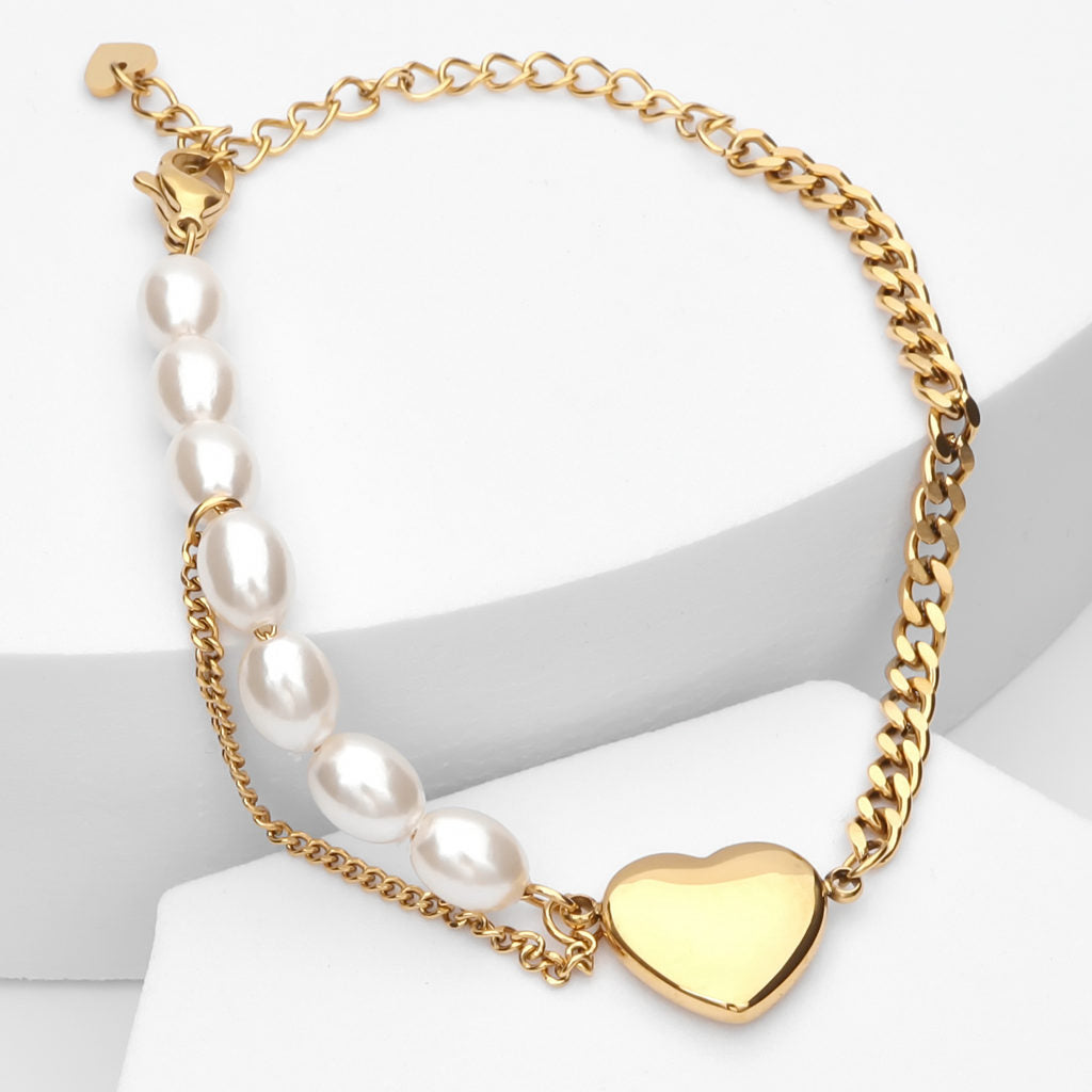 Pearls and Stainless Steel Chain Women's Bracelet with Heart Charm - Gold-Bracelets, Jewellery, New, Stainless Steel, Stainless Steel Bracelet, Women's Bracelet, Women's Jewellery-wb0006-g2_1-Glitters