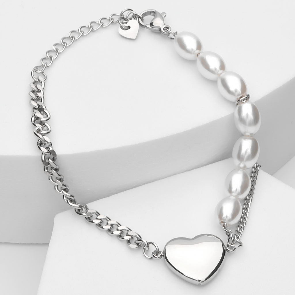 Pearls and Stainless Steel Chain Women's Bracelet with Heart Charm - Silver-Bracelets, Jewellery, New, Stainless Steel, Stainless Steel Bracelet, Women's Bracelet, Women's Jewellery-wb0006-s2_1-Glitters