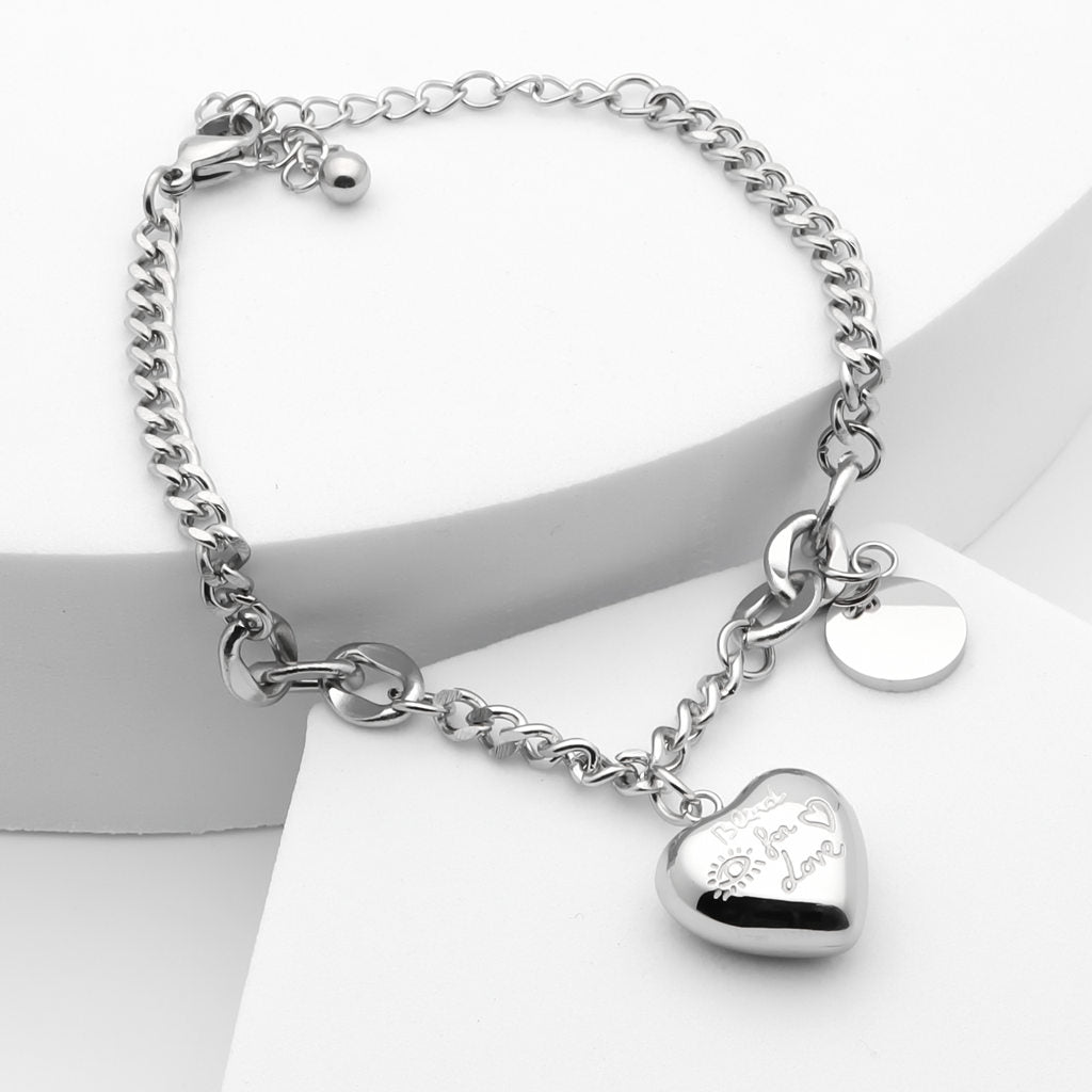 Stainless Steel Women's Bracelet with Dangle Heart Charm - Silver-Bracelets, Jewellery, New, Stainless Steel, Stainless Steel Bracelet, Women's Bracelet, Women's Jewellery-wb0008-s3_1-Glitters